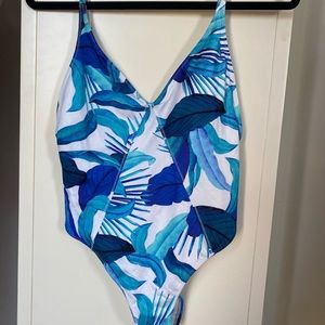 Blue palm one piece swimsuit
